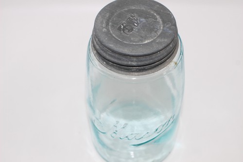 VINTAGE "THE MASON" AQUABLAU GLAS QUART EINMACHGLAS MIT KUGELDECKEL - Bild 3 von 6