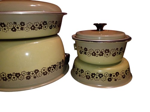 Juego de 8 sartenes/ollas de cocina esmaltadas margaritas de colección utensilios de cocina aguacate verde años 60 70 - Imagen 3 de 18