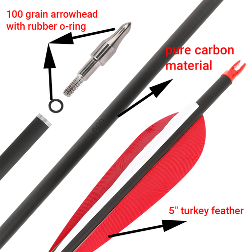 35" Archery Pure Carbon Arrows SP500 600 5" Turkey Feather Recurve Bow Hunting - Picture 7 of 13