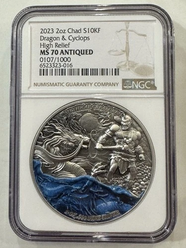 2023 2 oz Dragon & Cyclops .999 Fine Silver NGC MS70 Antiqued, High Relief