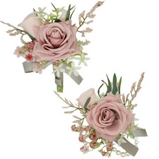 Wrist Corsage And Boutonniere Set Artificial Rose Flowers Pink B 2Pieces Wedding