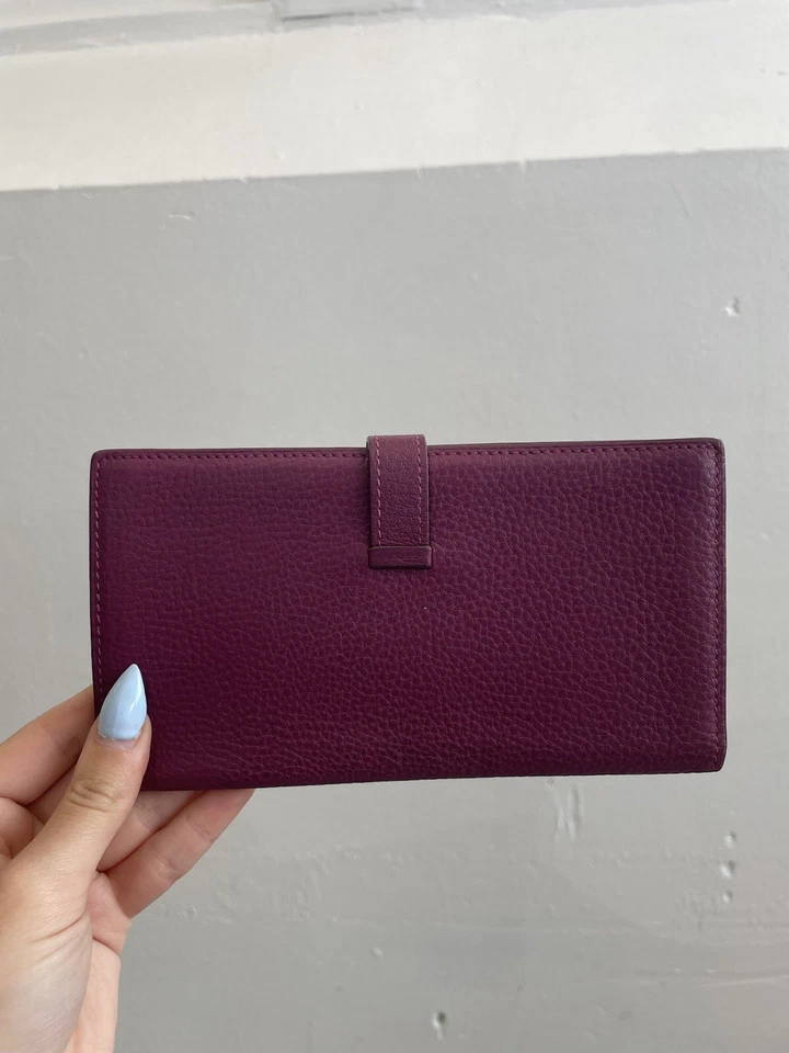 Auténtica billetera HERMES Bearn Box de cuero de becerro larga púrpura plegable Foto 3 de 4