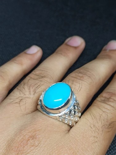 Mens Feroza Ring Sterling Silver 925 Turquoise Ring Nishapuri Firoza Feroza Ring - Picture 6 of 6