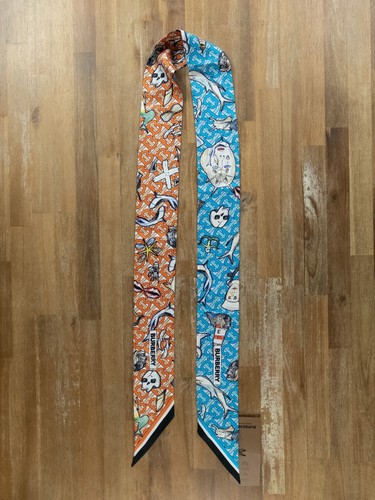 BURBERRY blue & orange ocean & sailor print reversible skinny twill silk scarf - Picture 2 of 9