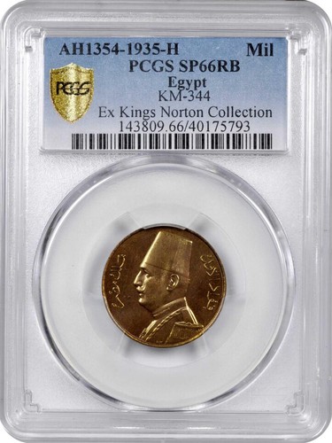 EGYPT , SPECIMEN 1 MILLIEME KING FUAD 1935 H PCGS SP 66 RB ( P1 ) TOP POP , RARE - Picture 2 of 3