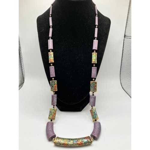 Lavender & Gold-Tone Cloisonné Floral Print Stone Beaded Necklace! - Picture 2 of 9