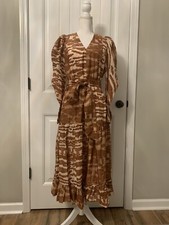New Ulla Johnson Leila Belted Printed Silk Midi Dress Brown Sz 6