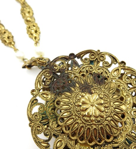 VTG Western Germany Gold Filigree Blue Turquoise Rhinestone 25" Pendant Necklace - Picture 8 of 8