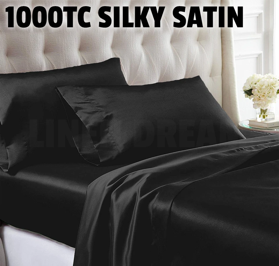 Luxury All Size Ultra SOFT Art Silk Satin Sheet Set Flat Fitted Sheet Pillowcase