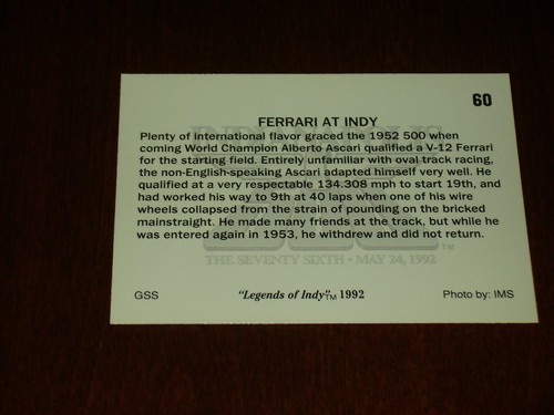 Legends Of Indy 1952 FERRARI V-12 RACE CAR #60 Collector Card - Picture 2 of 2
