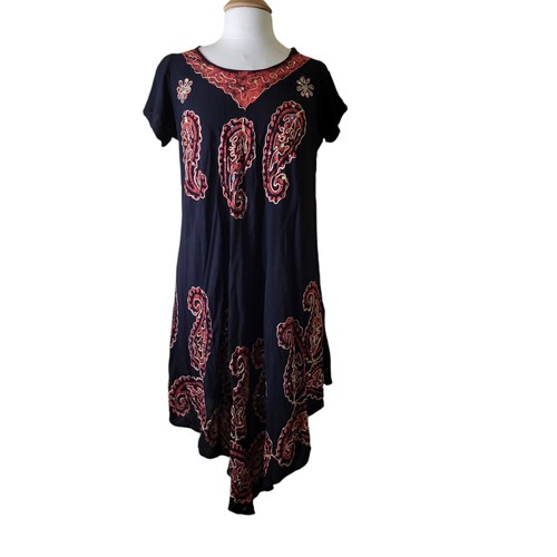 Vestido Boho Paisley L/XL Negro y Rojo Lentejuelas Metálico Dorado Bordado Festival - Imagen 1 de 4