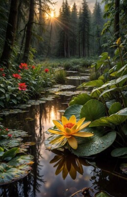 Wald See Blumen Floral A3 A4 Druck Poster Wandbild Deko Geschenk Zuhause ungerahmt