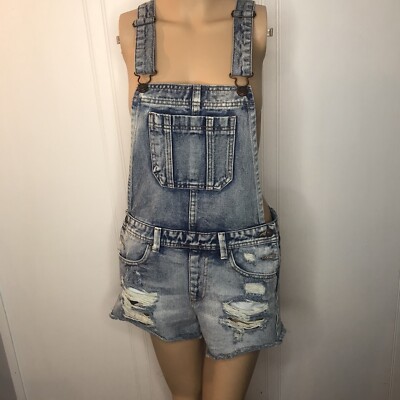 Forever 21 Distressed Denim Jean Overalls Shorts Women’s Size 27 Raw Hem 