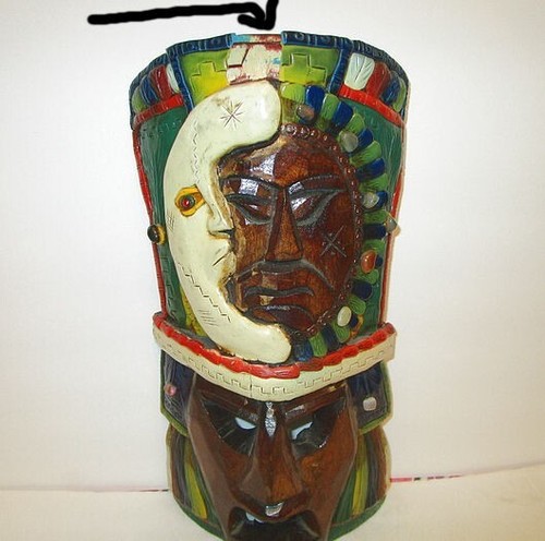 Vintage Sonne & Mond geschnitzte Totem Maske himmlische Edelsteine Ritual Stammesbehang 15 Zoll - Bild 2 von 12