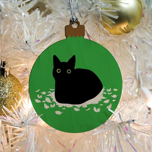 Black Cat Sitting on Feathers Wood Christmas Tree Holiday Ornament - Bild 3 von 6
