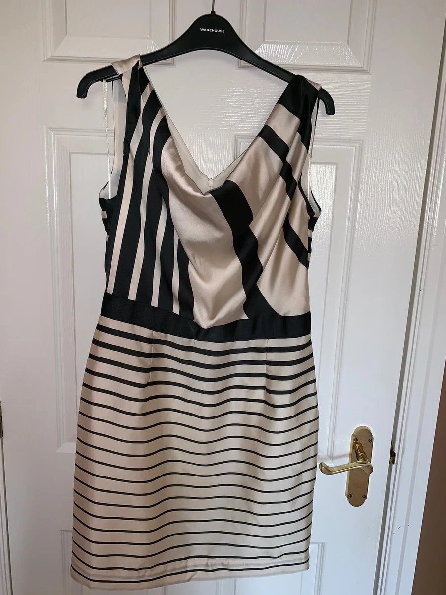WORN ONCE OASIS Black Cream Silk Knee Length Striped Dress Size 12 UK