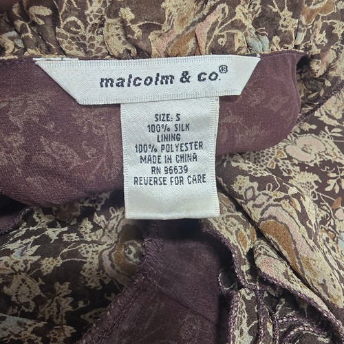 Vintage anni 90 MALCOLM & CO. marrone Ditsy seta floreale anni 90 bottone increspato davanti taglia S - Foto 6 di 6