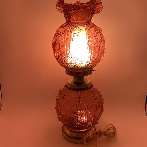 Vintage Jumbo Fenton Cranberry Poppy 'Gone With The Wind' Cabbage Rose Lamp 29" - Picture 2 of 19