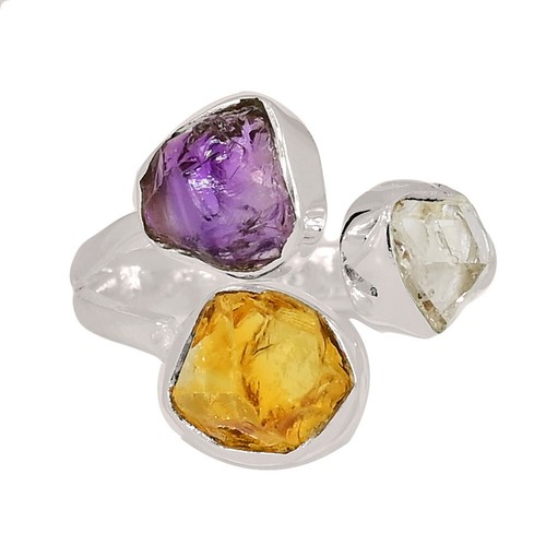 Natürlicher Herkimer Diamant, Amethyst & Citrin grob 925 Silber Ring Gr.6,5 CR70671
