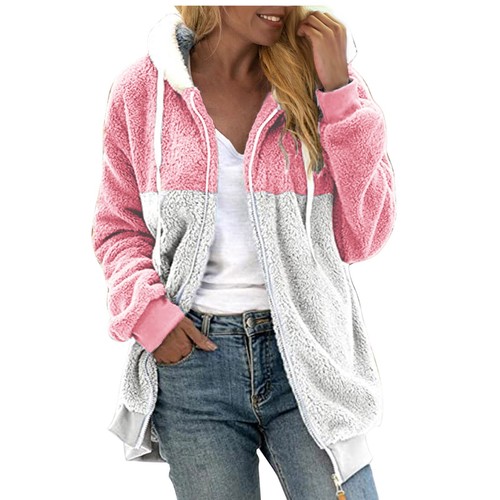 Womens Winter Fuzzy Fleece Jacket Hooded Color Block Cardigan Oversized Coats - Picture 43 of 51