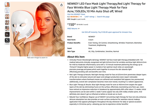 NEWKEY LED Face Mask Therapy, Red & Blue Light, Anti-Acne/Wrinkle, Open Box - Picture 8 of 9