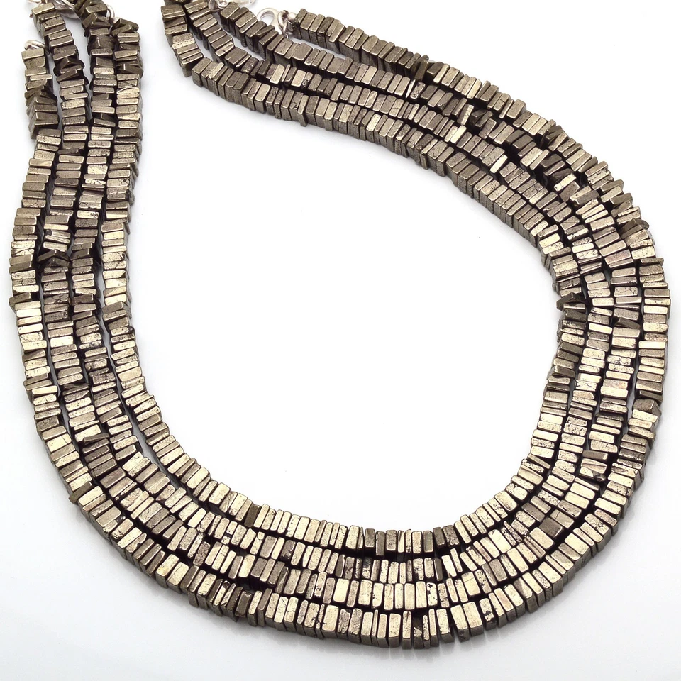 COLLAR DE PIEDRAS PRECIOSAS NATURALES PIRITA 4MM CUENTAS HEISHI CUADRADAS ACABADO 17" Foto 3 de 4