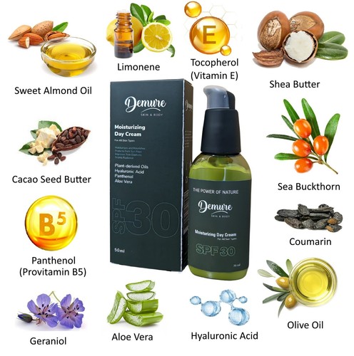 Demure Moisturizing Day Cream with SPF 30, Hyaluronic Acid, Panthenol B5, Aloe
