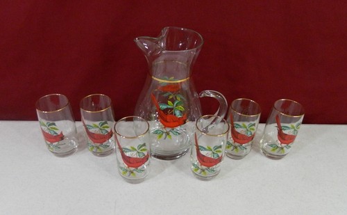 West Virginia Glass Cardinal Pitcher & 6 Glasses - Imagen 3 de 7