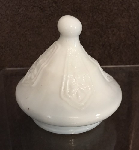 Vintage Milk Glass Apothecary Bath Cotton Ball Jar Pressed Pattern Blue Tint Lid - Picture 8 of 12
