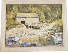 Vintage Original Oil Painting Desert Creek Cabin Signed Artwork 21.5" x 28"