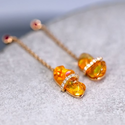 Ribbon Wrapped Mexican Fire Opal Ruby Diamond Drop Earrings 18K Yellow Gold - Picture 3 of 10