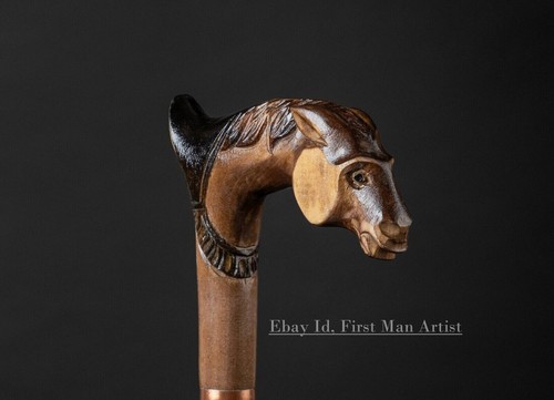Horse Head Handle Walking Stick Wooden Hand Carved Walking Cane Christmas - Picture 5 of 5