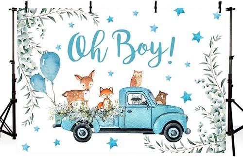 Woodland Theme Baby Shower Backdrop - Blue Truck Balloons & Cute Animals - 7x5ft - Picture 5 of 8
