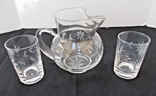 Vintage Pitcher and 2 Glass Set Clear Etched Glass Floral Leaf Pattern EUC