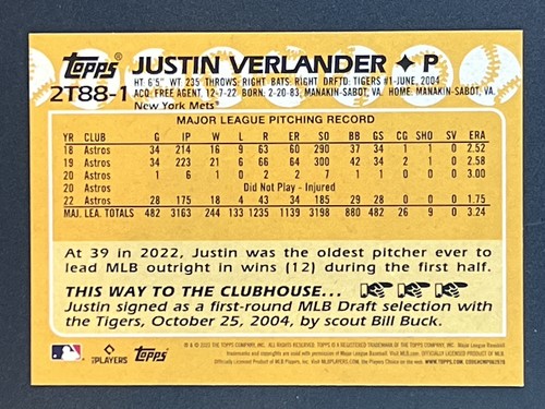 JUSTIN VERLANDER 2023 Topps Serie 2 1993 Anniversario #2T88-1 Mets - Foto 2 di 2