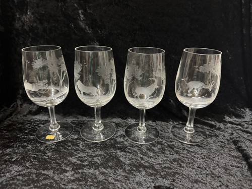 Queen Lace Moser Rowland Ward Crystal Etched African Safari Glass Set Of 4 - Picture 1 of 11