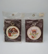 2 Vintage Charmin stitching Kits Raccoon embroidery, Puppy crewel kit w frames