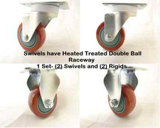 3" x 1-1/4" Swivel Casters Red Polyurethane Wheel (2) Rigids (2) 265 lbs Each