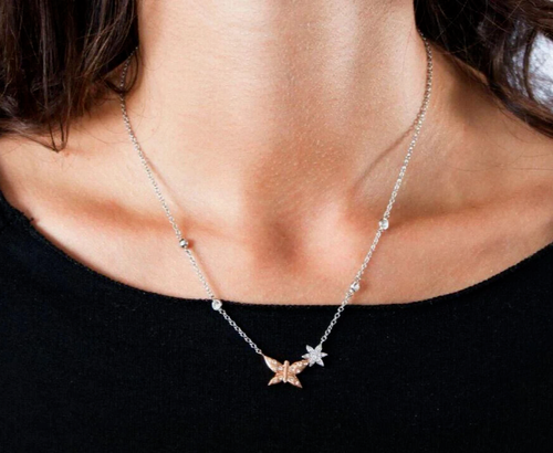 MORELLATO COLLANA DONNA ARGENTO 925,NATURA,CRISTALLI  E ORO ROSA,FARFALLA, 45 Cm - Afbeelding 1 van 3