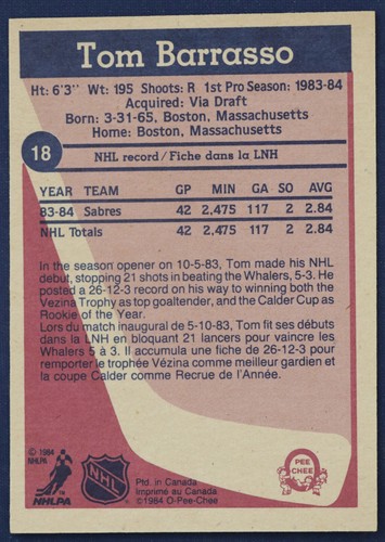 1984-85 O-Pee-Chee #18 Tom Barrasso RC NMMT to MINT OC - Picture 2 of 2