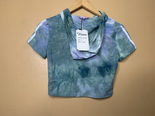 Vizio Women Medium 2pcs Set Leggings Crop Top Green Tye Dye Shorts Sleeve Hooded - Picture 15 of 24