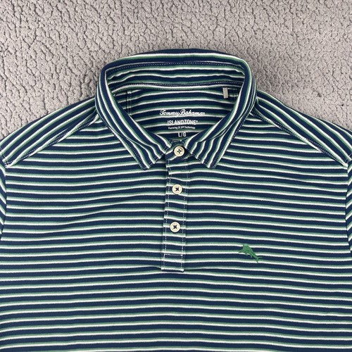 Camisa Polo Tommy Bahama Island Zone Para Hombre Grande Azul Verde Rayas Mezcla Pima - Imagen 3 de 10