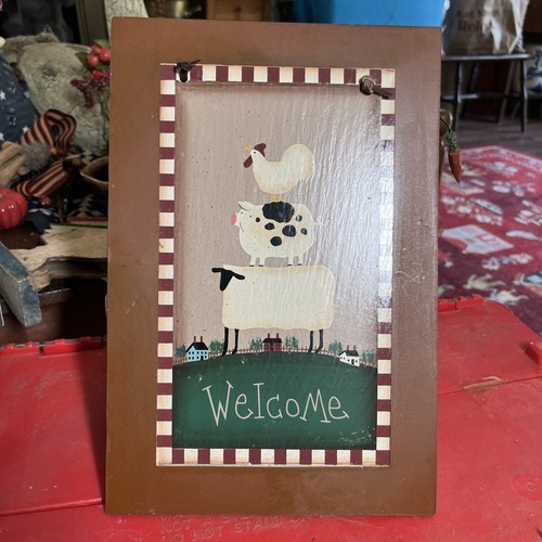 Primitive Folk Art Picture Farm  Animals Stacked Welcome ￼8”/12” - Picture 2 of 5