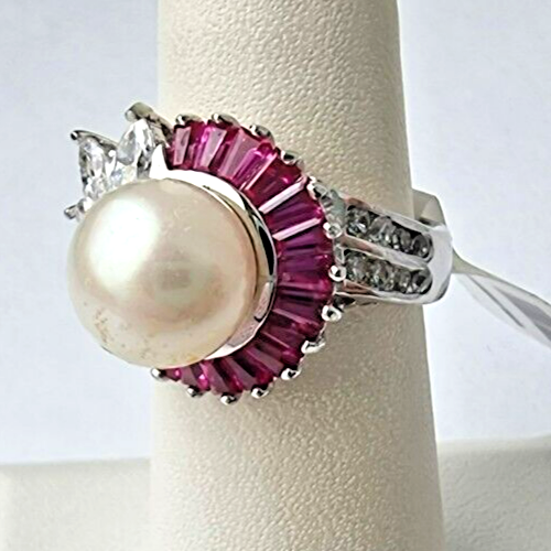 ESPO 925 STERLING SILVER PEARL AND RUBY RING SIZE 6 - Picture 3 of 14