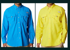 NEW COLUMBIA MEN BAHAMA LONG SLEEVE SHIRTS Blue / Lemon, XS-S-M-L-XL-XXL
