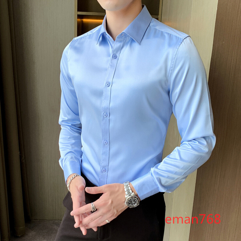 Men's Faux Silk Long-Sleeved Shirt Button Down Business Dress Shirts ...