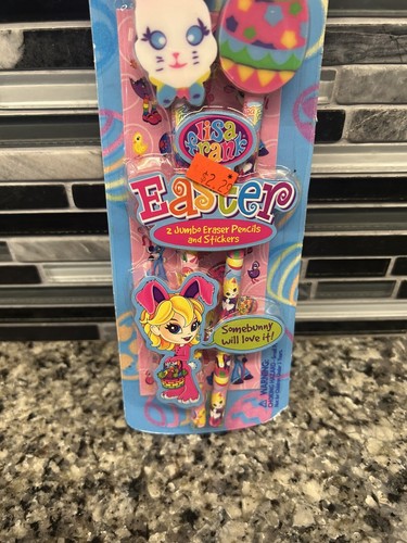 Vintage Lisa Frank Easter 2 Jumbo Eraser Pencils and Stickers NOS New/Sealed - Picture 3 of 6
