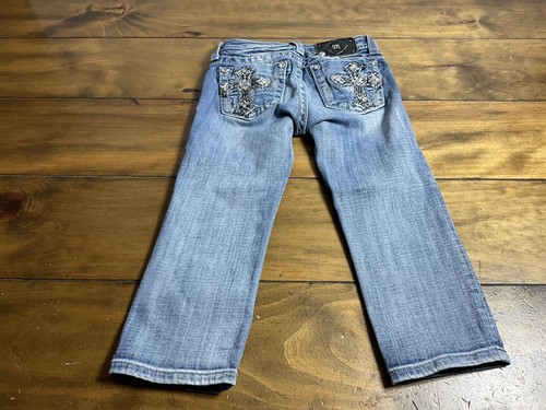 Miss Me Jeans Girls 10 Capri Medium Wash Light Fade JK5772P Cross Stitched - Picture 1 of 12