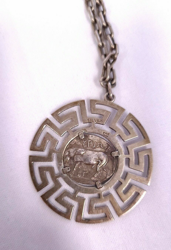 Ancient Grecian Coin- Set in Silver Walls of Troy Pendant - Picture 3 of 3