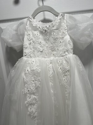 ivory toddler dress JJ's House Lace Flower Girl Size 2 Tea Length Wedding Party pink and green striped dress
